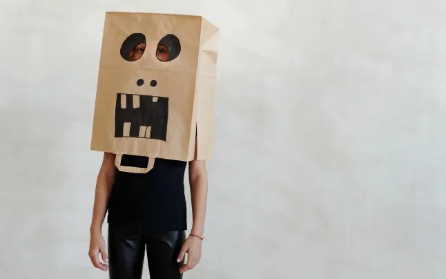 A person with a paper bag on his head.