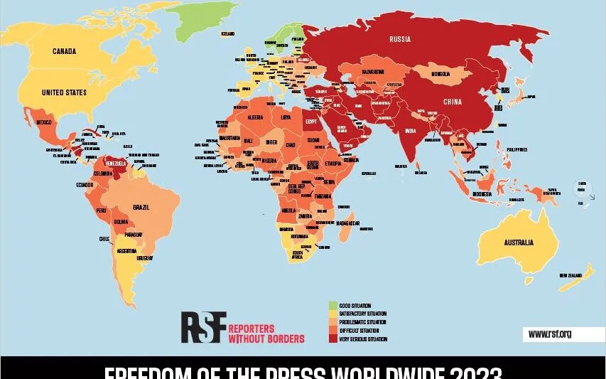 Map showing the countries with the most and least freedom of the press in the world.