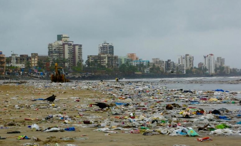 Mumbai beach covered in plastic waste