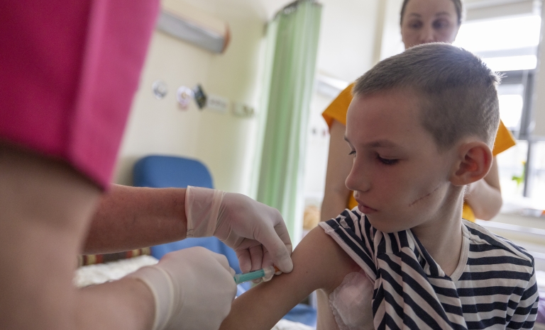 Nadiya and her son Dmitry, 10, a pediatric oncology patient at the University Children's Hospital in Krakow. Nadiya and Dmitry fled the war in Ukraine and are seeking safety in Poland.
