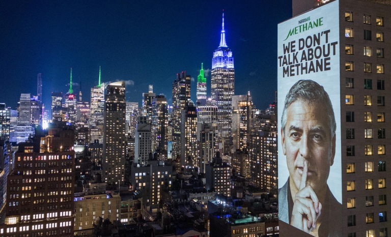 George Clooney in a campaing against Nestlé’s methane emissions.
