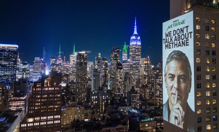 George Clooney in a campaing against Nestlé’s methane emissions.