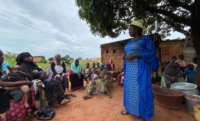 Solange Traoré, president of the Hakilisigui Federation, explains the project to the Benkade Association, which is dedicated to producing Shea Butter.