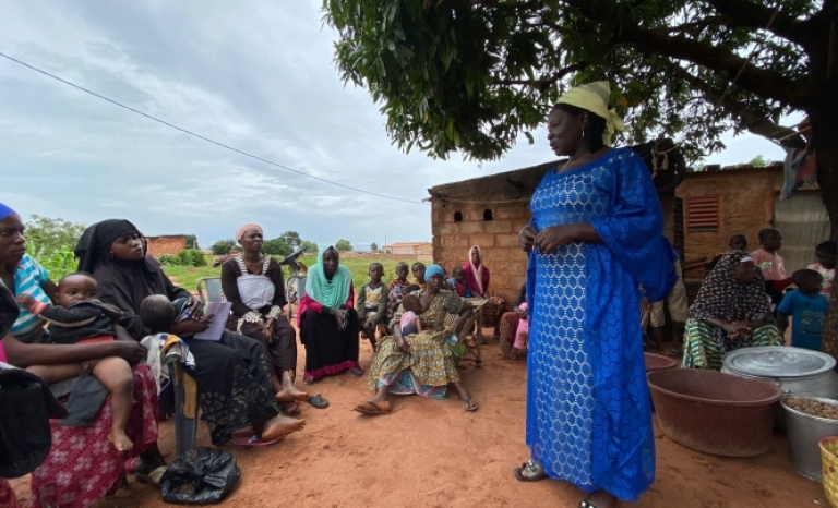 Solange Traoré, president of the Hakilisigui Federation, explains the project to the Benkade Association, which is dedicated to producing Shea Butter.