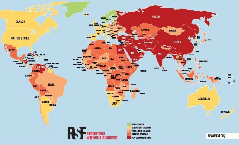 Map showing the countries with the most and least freedom of the press in the world.