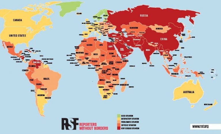 Map showing the countries with the most and least freedom of the press in the world.