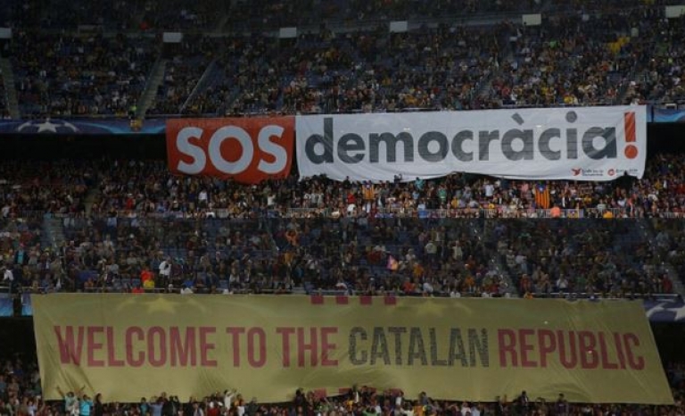 Banners of support on the Camp Nou stadium.