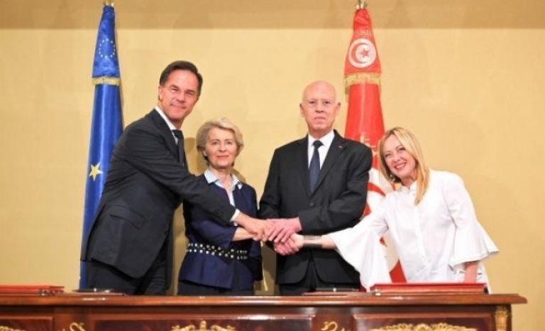 Ursula von der Leyen, Mark Rutte, Giorgia Meloni and Kaïs Saïed, during the signing of the agreement. Source: Twitter @vonderleyen
